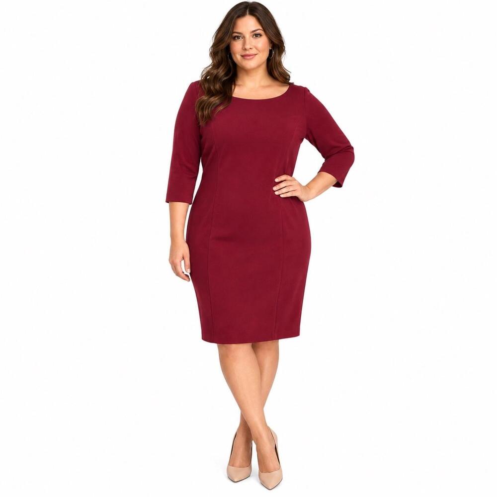 Black Halo Dress Womens 16 Red 3/4 Sleeve Boat Neck Stretch Sheath Knee Length